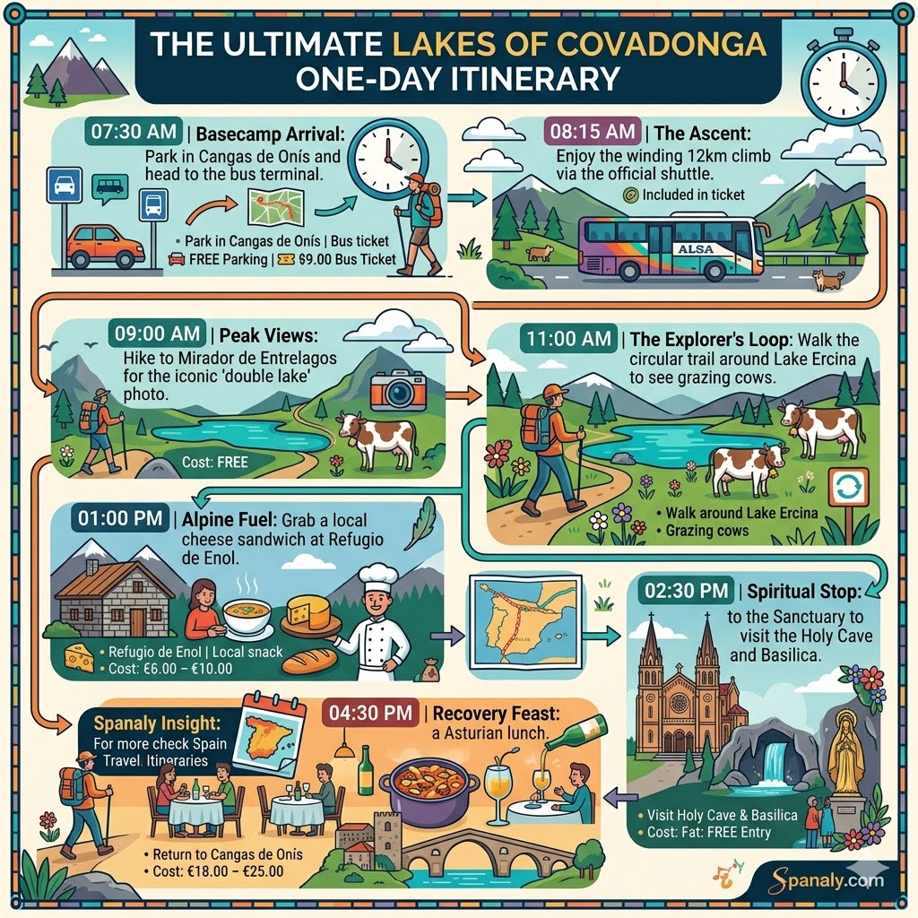 Infographic for a one-day itinerary to the Lakes of Covadonga, Spain, showing hiking, views, and cultural stops.