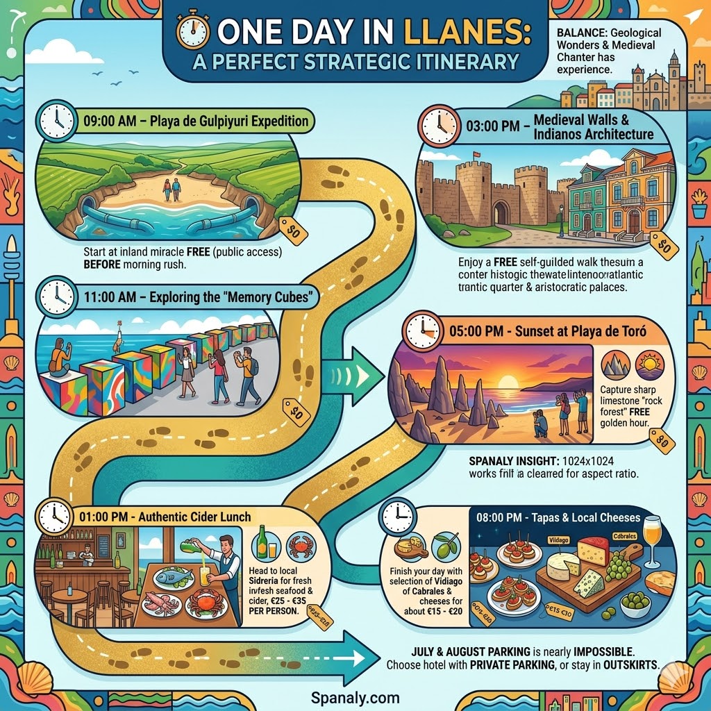 Infographic of a perfect one day itinerary in Llanes Asturias featuring Gulpiyuri beach, Memory Cubes, cider lunch, and historic old town walk.