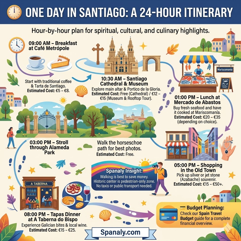 A detailed 24-hour itinerary infographic for Santiago de Compostela showing breakfast, cathedral visit, market lunch, Alameda Park stroll, shopping, and tapas dinner with estimated costs.