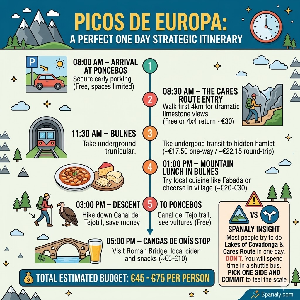 One day strategic itinerary for Picos de Europa Asturias including Poncebos Cares Route Bulnes funicular and Cangas de Onis budget guide.
