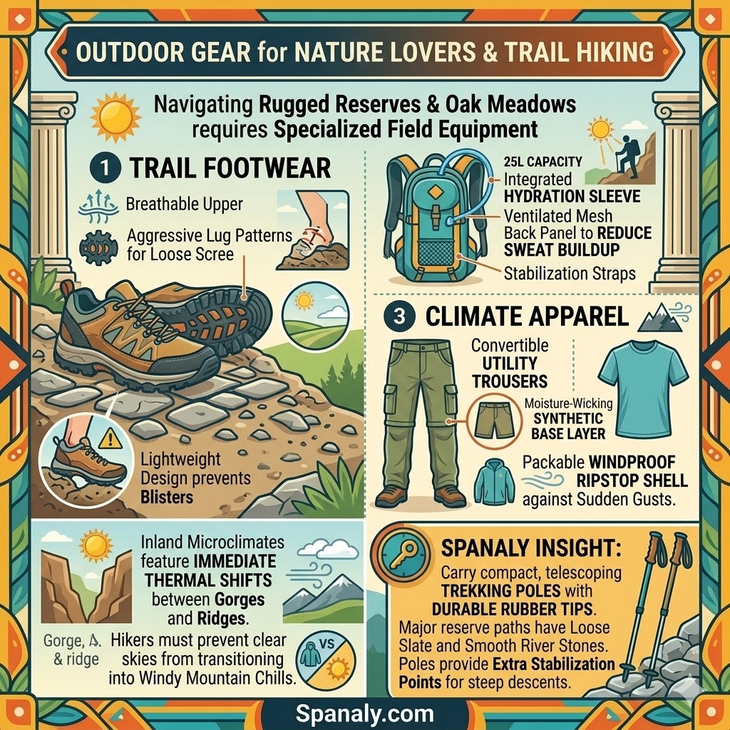 A colorful travel infographic detailing outdoor gear for nature lovers and trail hiking, showing aggressive tread trail shoes, a technical daypack with a hydration sleeve, and trekking poles.
