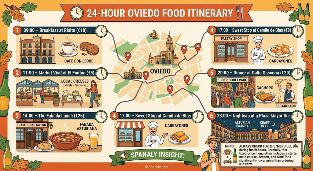 Infographic of a 24-hour food itinerary in Oviedo featuring breakfast at Rialto, lunch with Fabada, and dinner at Calle Gascona.