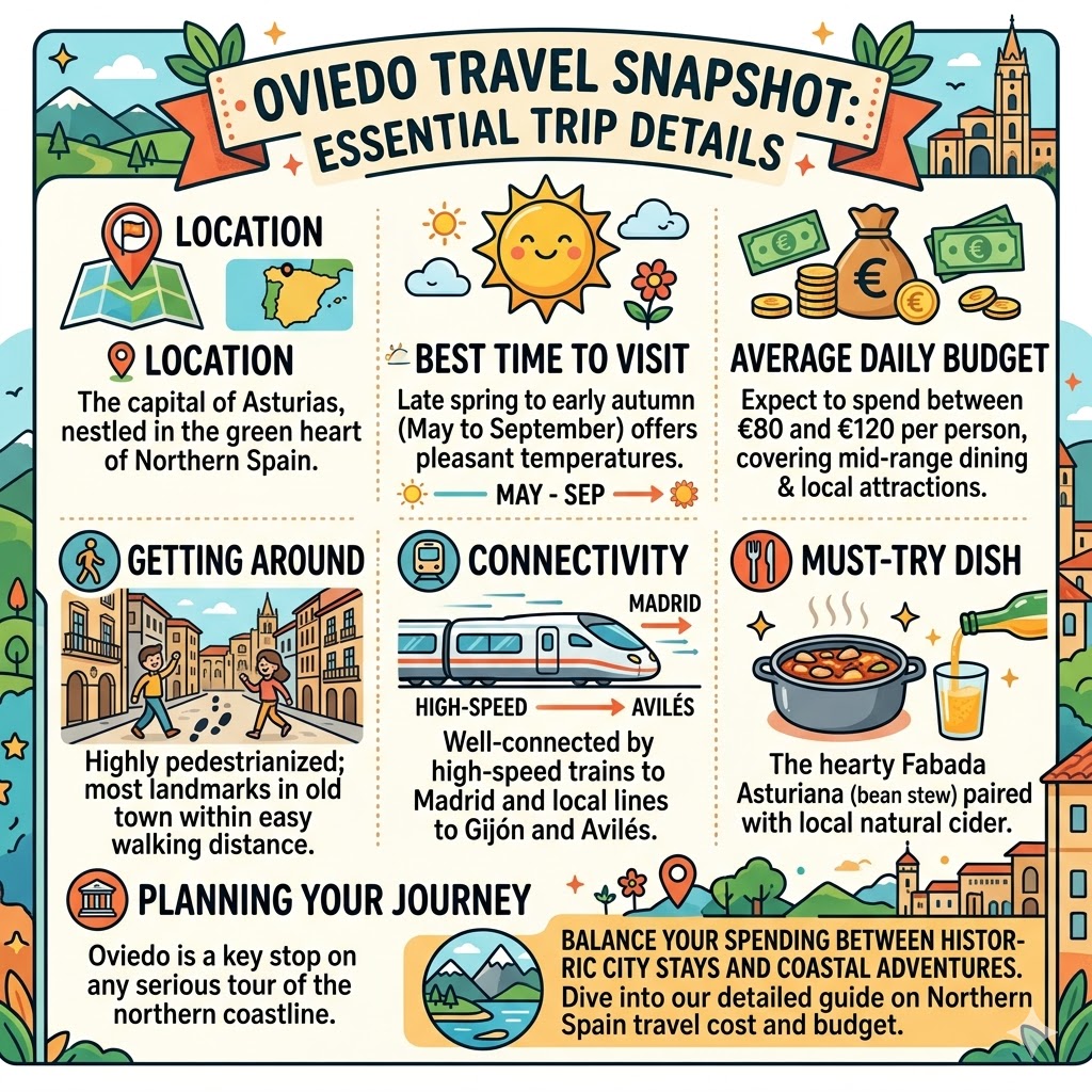 Infographic travel snapshot of Oviedo Asturias featuring location map, best time to visit, daily budget, and Fabada Asturiana food guide.