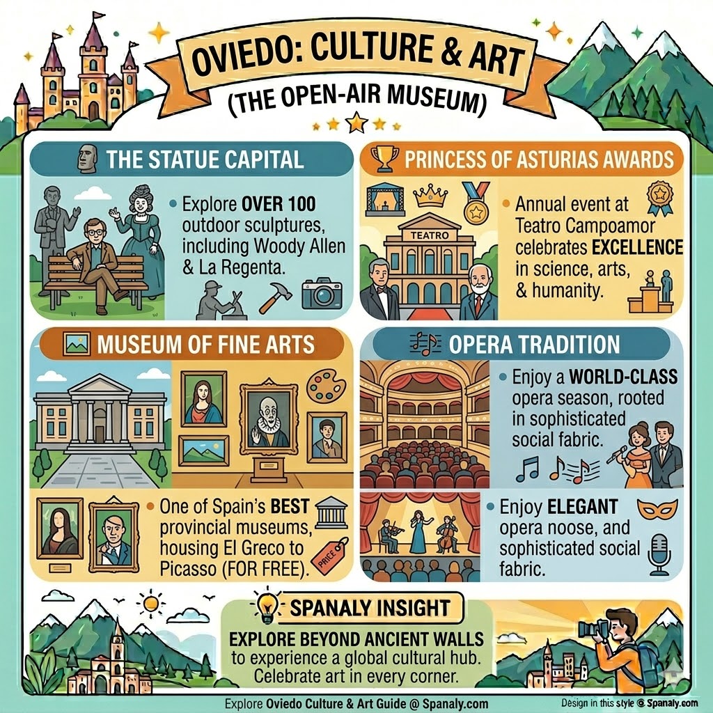 Infographic about Oviedo culture and art featuring outdoor sculptures, Princess of Asturias Awards, Museum of Fine Arts, and opera tradition in Spain.