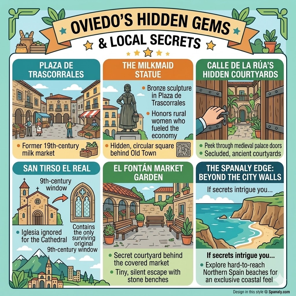 Infographic of Oviedo's hidden gems including Plaza de Trascorrales, Milkmaid statue, hidden courtyards, and El Fontan market garden in Spain.