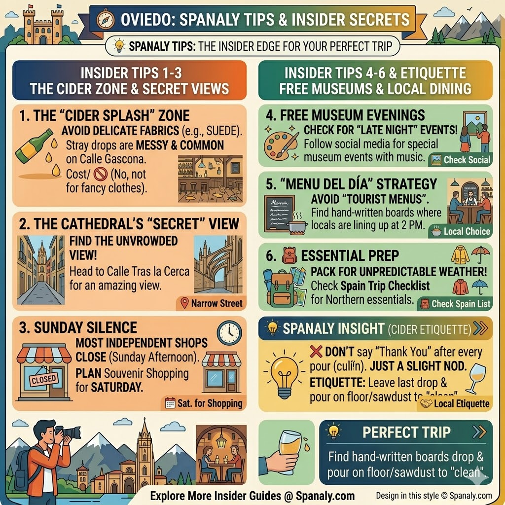 Infographic of insider travel tips for Oviedo Spain including cider etiquette, hidden Cathedral views, Sunday shopping advice, and local dining secrets.