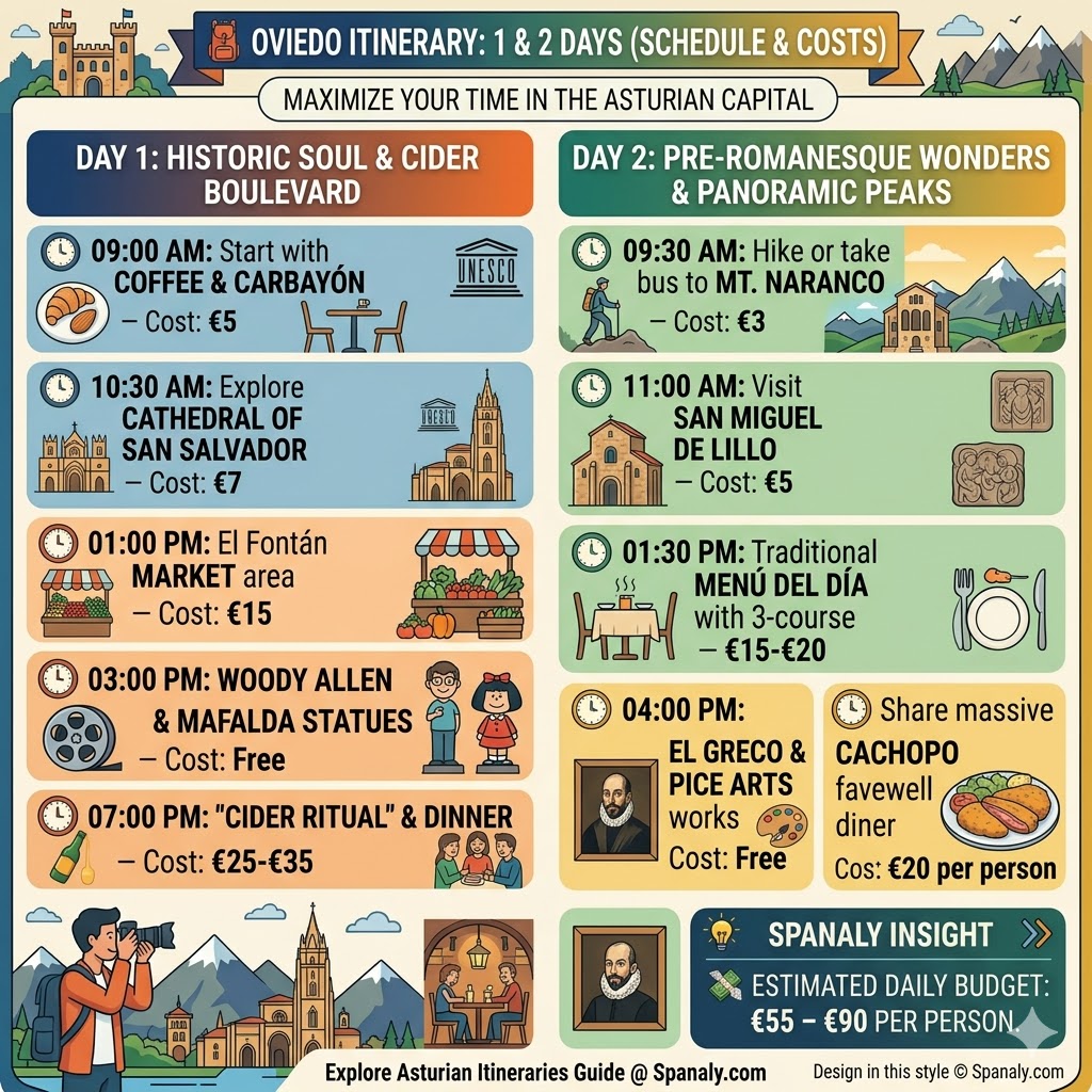 Detailed 1 and 2 days itinerary for Oviedo Asturias featuring Cathedral visit, cider ritual, Mount Naranco, and estimated travel costs.