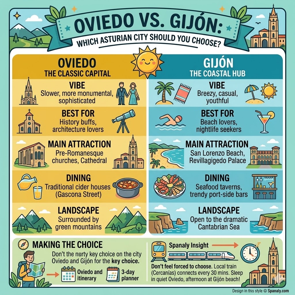 Infographic comparing Oviedo and Gijon in Asturias, showing differences in vibe, attractions, dining, and landscape for travelers in Spain.