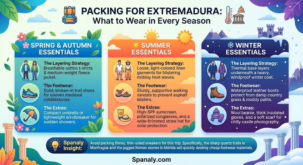 Infographic guide on what to pack for Extremadura across seasons, highlighting clothing essentials for spring, autumn, summer, and winter.