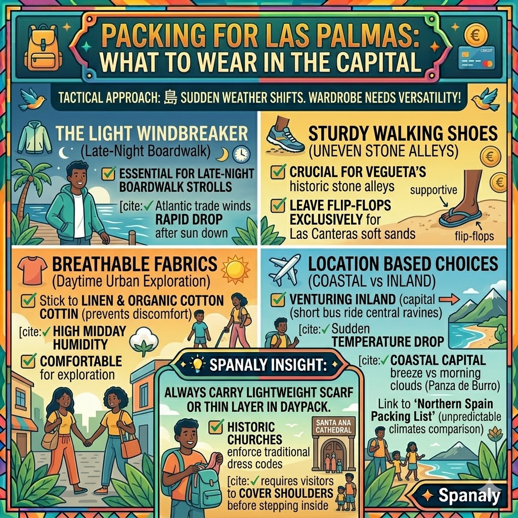 Infographic packing checklist for Las Palmas featuring essential travel wear like light windbreakers, breathable fabrics, and sturdy shoes.