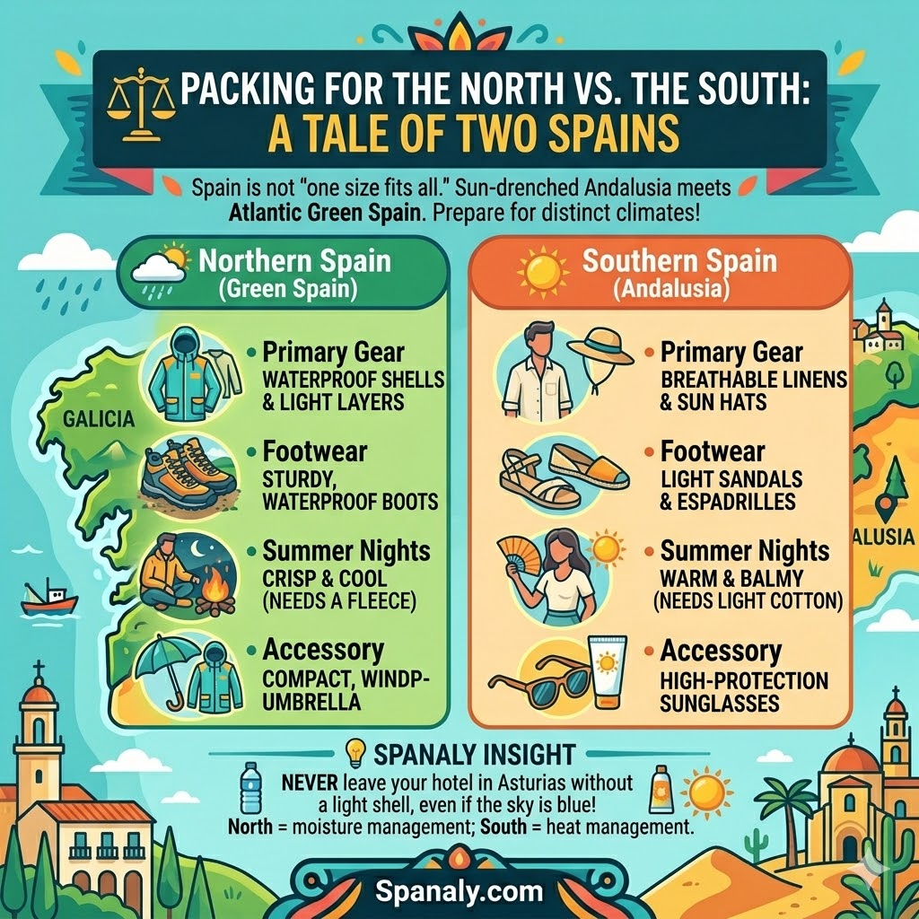 Comparison infographic for packing between Northern Spain and Southern Spain featuring waterproof gear vs breathable linens.