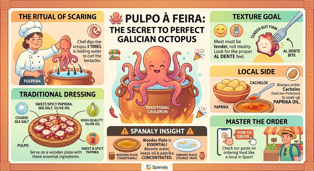 Detailed culinary infographic of Galician Pulpo à Feira showing the copper cauldron boiling method, the ritual of scaring the octopus, and traditional serving on a wooden plate with paprika and olive oil.