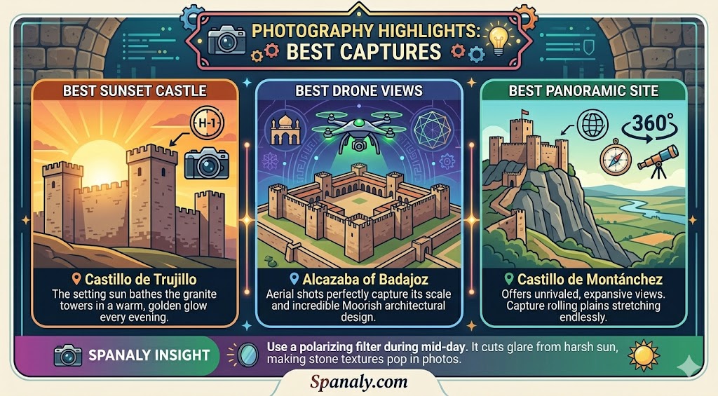 An infographic showcasing the best photography highlights and viewpoints at Extremadura castles, including tips for capturing Castillo de Trujillo and the Alcazaba of Badajoz.