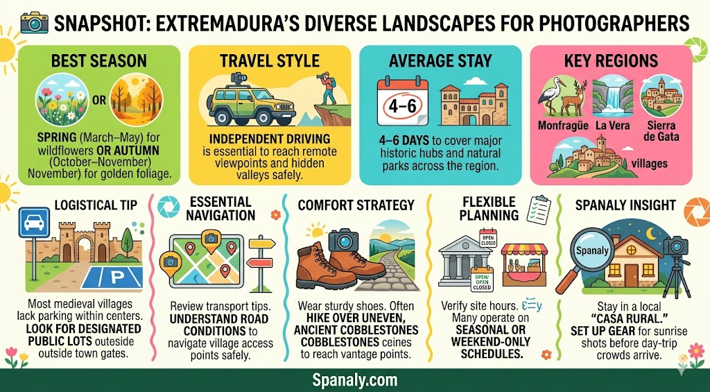 Infographic guide for travel photographers visiting Extremadura, featuring essential tips on best seasons, travel logistics, and landscape photography strategies.