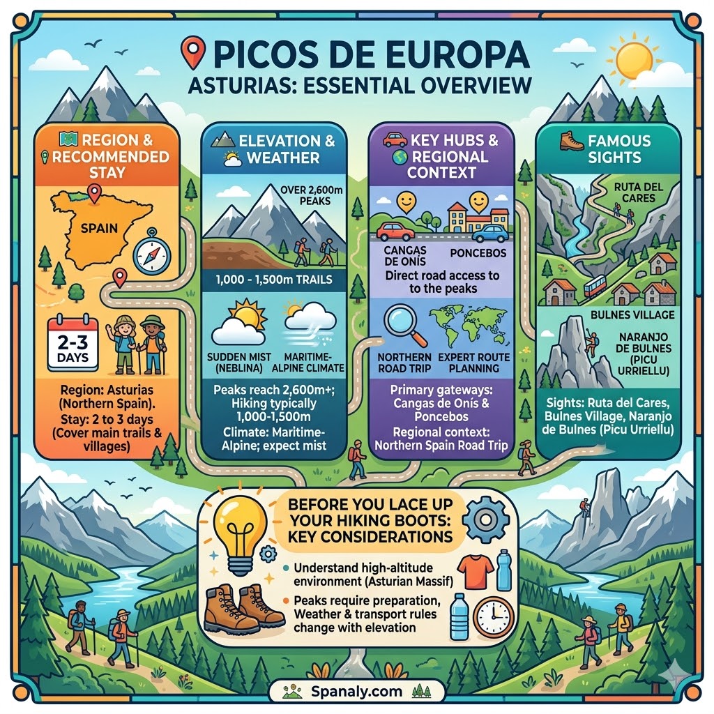 Infographic overview of Picos de Europa Asturias featuring region elevation weather and famous hiking sights.