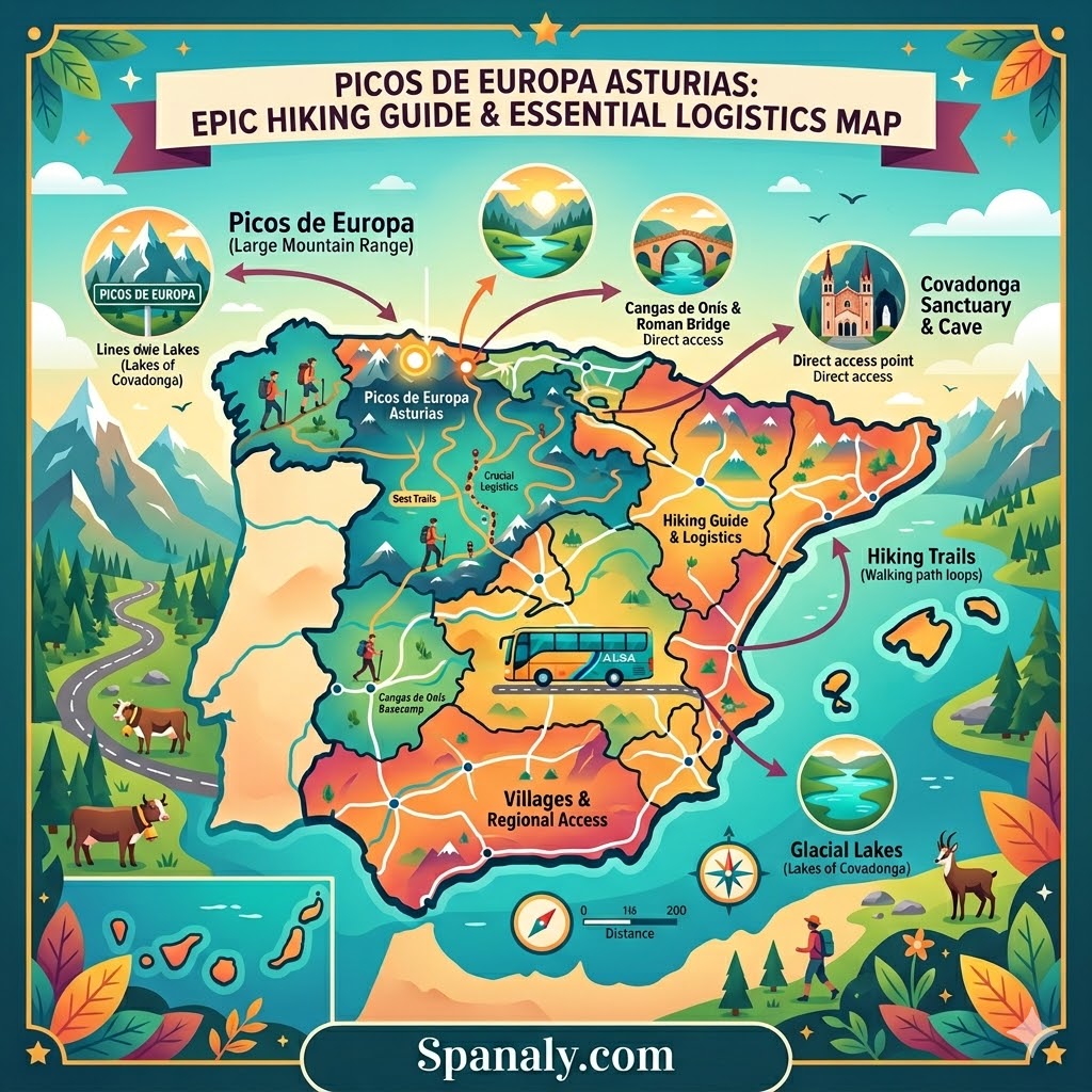 Epic infographic map of Picos de Europa Asturias featuring hiking guides, Covadonga sanctuary, and glacial lakes.