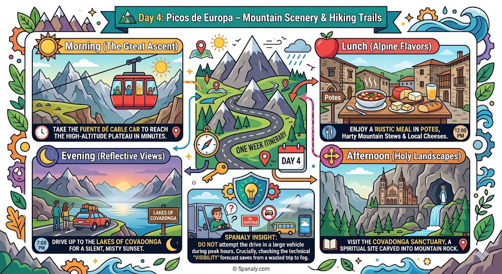 A comprehensive 24-hour itinerary infographic for Picos de Europa featuring the Fuente Dé cable car, mountain dining in Potes, Covadonga Sanctuary, and the scenic Lakes of Covadonga.