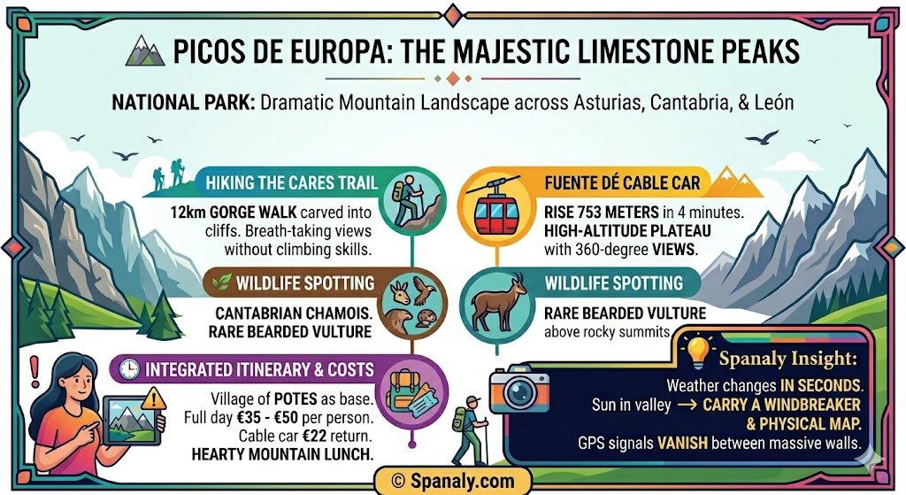 Infographic of Picos de Europa National Park in Northern Spain featuring Hiking the Cares Trail, Fuente De Cable Car, and typical costs.
