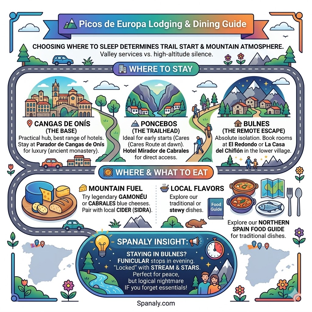 Infographic showing where to stay and eat in Picos de Europa featuring Cangas de Onis Poncebos and Bulnes village with mountain cuisine.