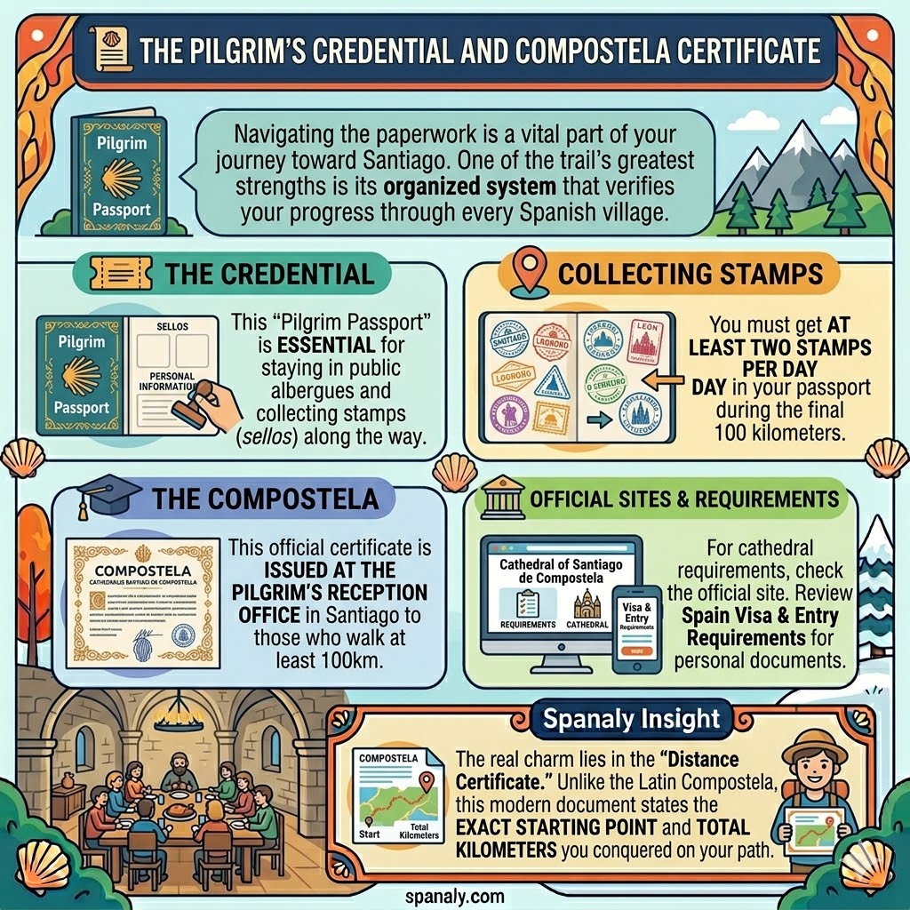 Infographic showing the Pilgrim Passport Credential, collecting stamps, and the official Compostela certificate from Santiago Cathedral.