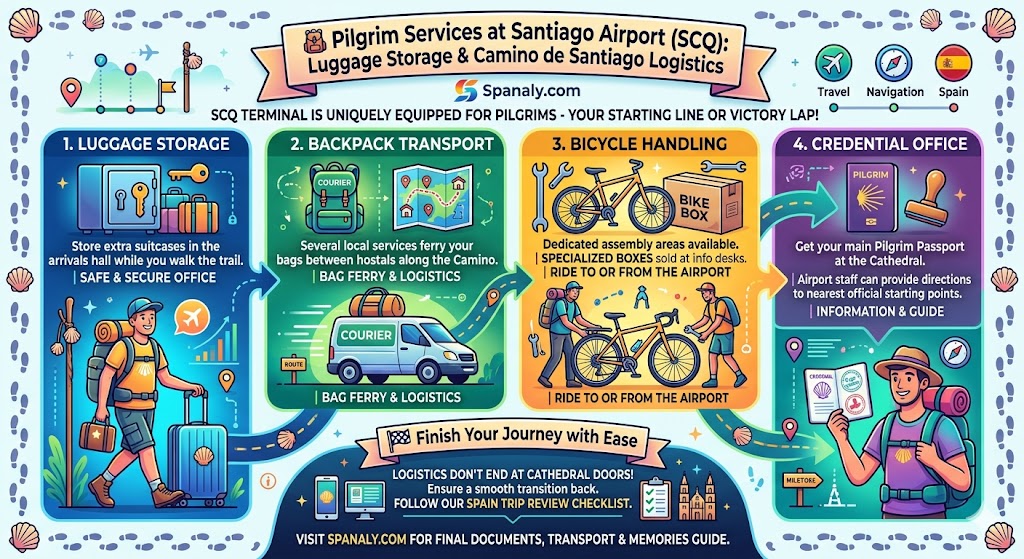 Infographic for Camino de Santiago pilgrims at Santiago Airport (SCQ), showing luggage storage, backpack transport services, bicycle handling areas, and pilgrim passport directions by Spanaly.com