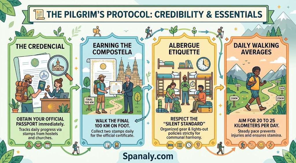 A colorful infographic guide to the pilgrim’s protocol for the Vía de la Plata, covering the official Credencial, earning the Compostela certificate, albergue etiquette, and daily walking averages.