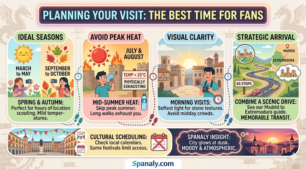 A colorful infographic guide for planning a trip to Cáceres, Spain, featuring the best seasons to visit, advice on avoiding summer heat, photography tips, and strategic arrival recommendations for fans.