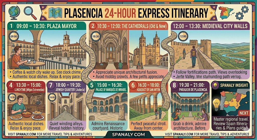 Colorful 24-hour express itinerary infographic for Plasencia, Spain, featuring a clear walking path through major landmarks like Plaza Mayor, Cathedrals, and Jewish Quarter by Spanaly.com.