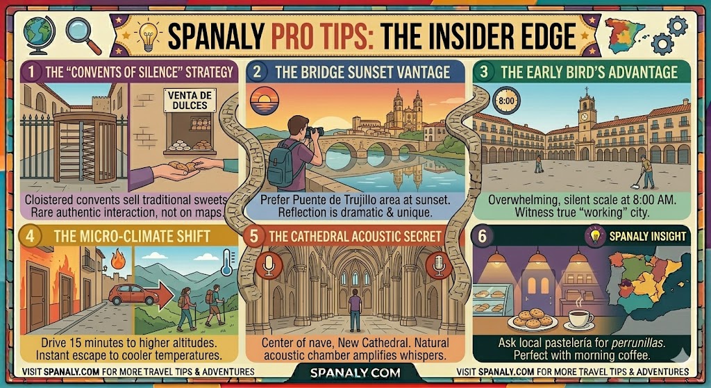 Colorful travel infographic highlighting expert insider tips for visiting Plasencia, Spain, including secret convent sweets, sunset viewpoints, and acoustic secrets by Spanaly.com.
