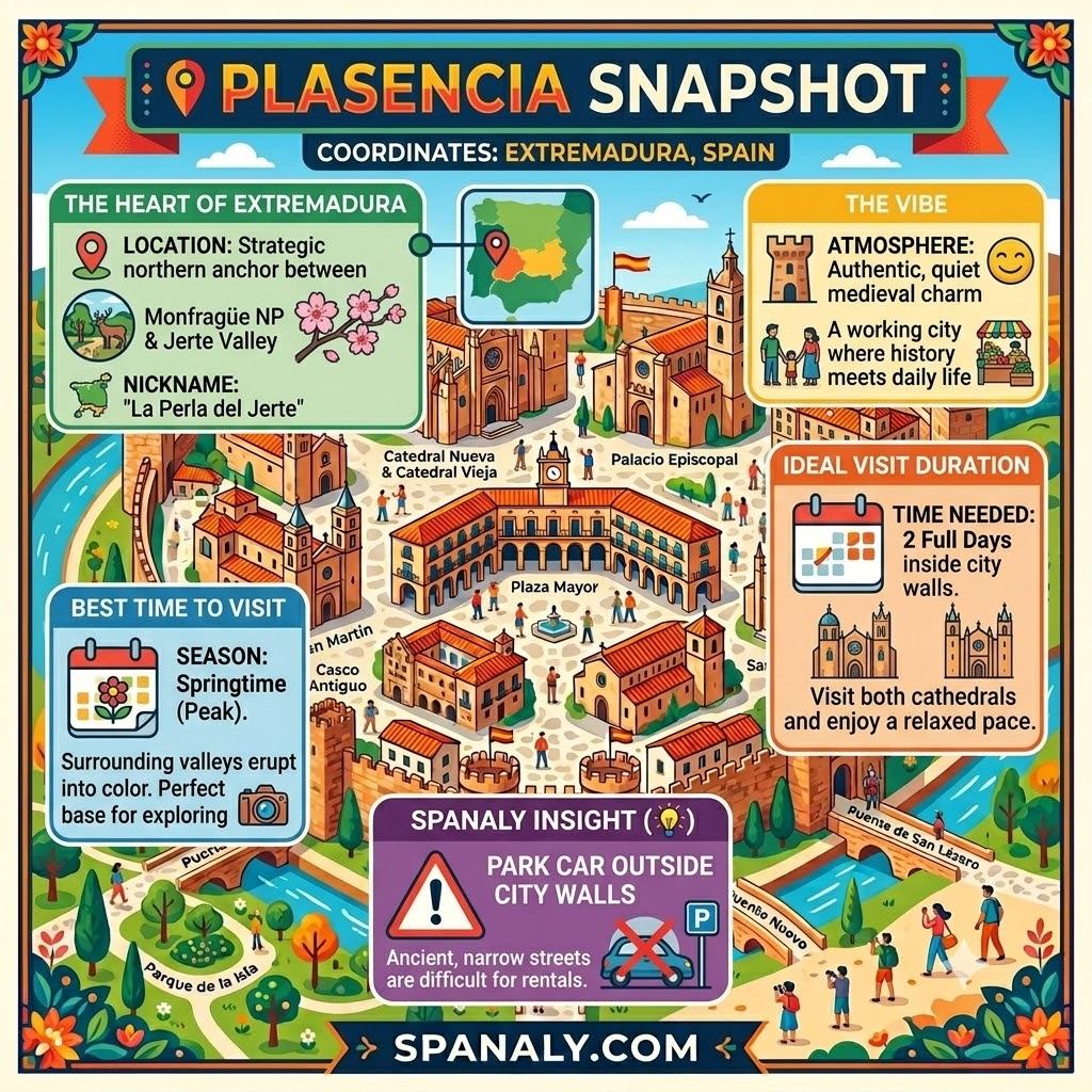 Infographic snapshot of Plasencia, Spain, highlighting travel tips, best time to visit, and local insights for the walled city.