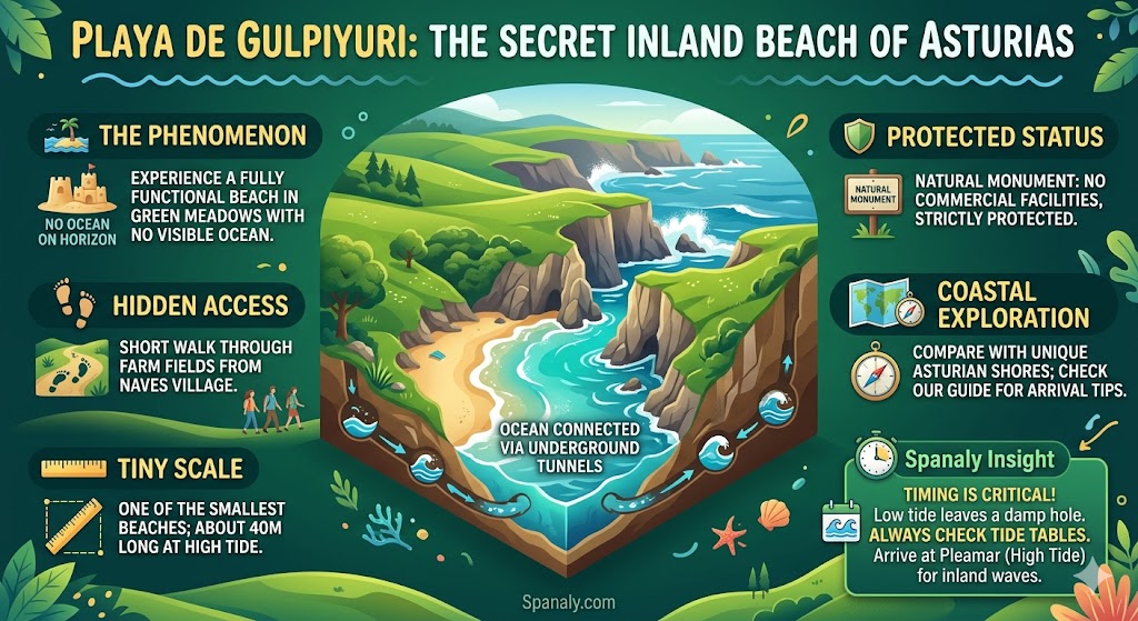 Infographic guide to Playa de Gulpiyuri Asturias showcasing the secret inland beach phenomenon, high tide waves in a meadow, and geological sinkhole.