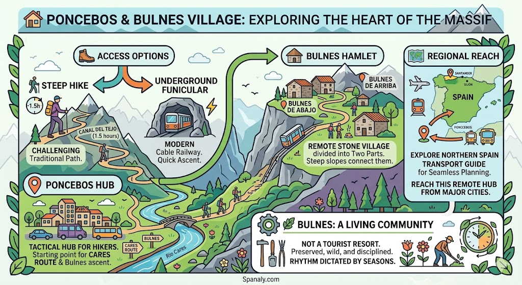 Infographic of Poncebos hub and Bulnes village in Asturias showing hiking access options and underground funicular details.