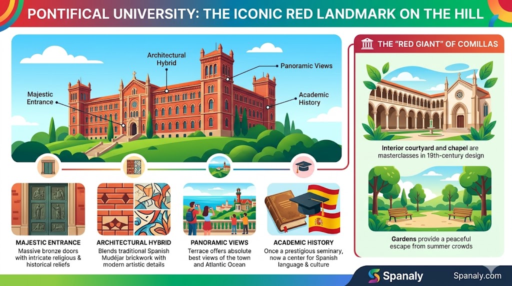 Infographic of the Pontifical University in Comillas featuring Neogothic-Mudejar architecture, bronze doors, and panoramic coastal views.