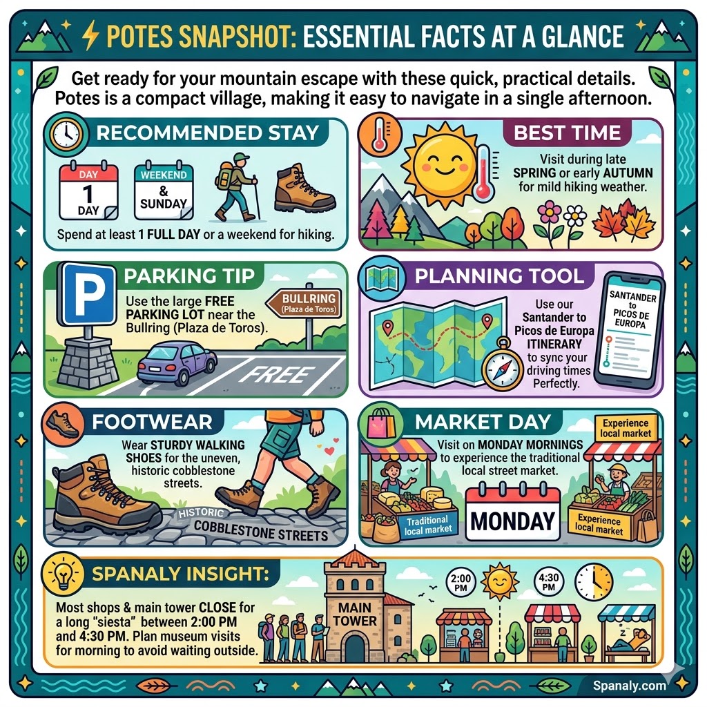 Infographic showing essential facts for Potes in Picos de Europa, including recommended 1-day stay, best time to visit in spring or autumn, free parking at Plaza de Toros, sturdy footwear for cobblestones, and Monday market day tips by Spanaly.com
