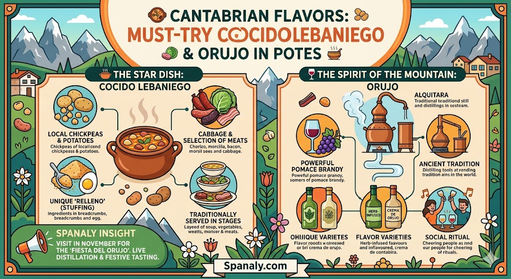 Food infographic of Cantabrian cuisine in Potes featuring Cocido Lebaniego stew with chickpeas and meats, and Orujo pomace brandy distillation process with herb and cream varieties by Spanaly.com