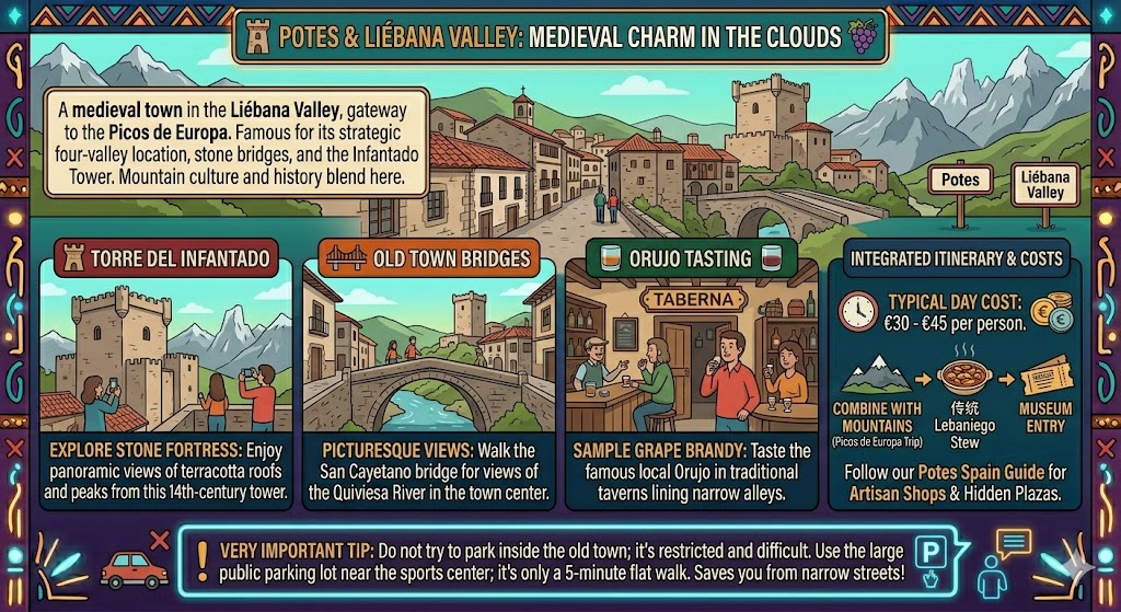 Travel infographic for Potes in Liébana Valley showing the Infantado Tower, medieval stone bridges, local Orujo tasting, and parking tips for Picos de Europa visitors.