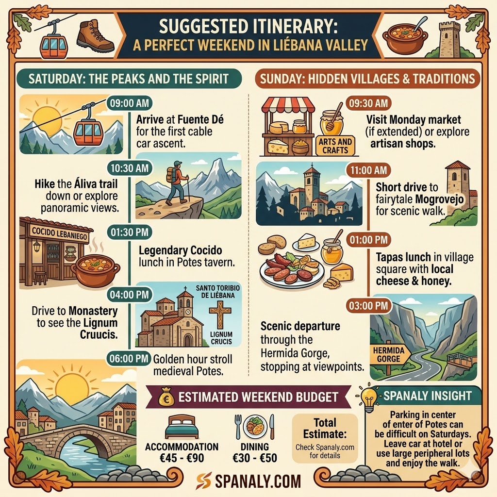 A infographic showing a perfect weekend itinerary in Liébana Valley, featuring Fuente Dé cable car, Potes medieval center, local dining, and an estimated travel budget per person by Spanaly.com