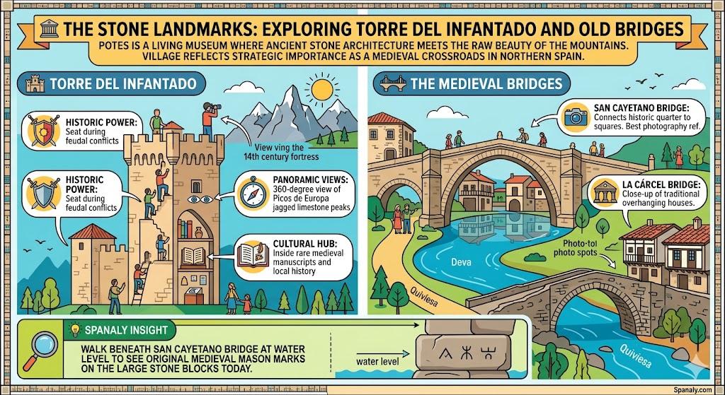 Infographic of Potes landmarks including Torre del Infantado fortress with 360-degree views and medieval stone bridges over Deva and Quiviesa rivers, featuring San Cayetano and La Cárcel bridges by Spanaly.com