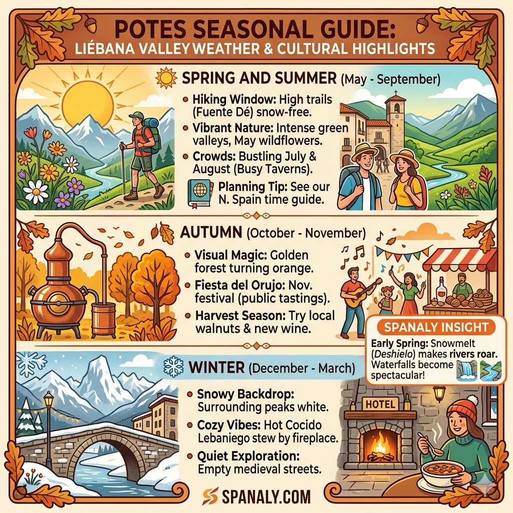 Seasonal weather infographic for Potes and Liébana Valley, illustrating hiking in Spring/Summer, the Orujo festival in Autumn gold forests, and snowy mountain peaks with cozy winter scenes by Spanaly.com