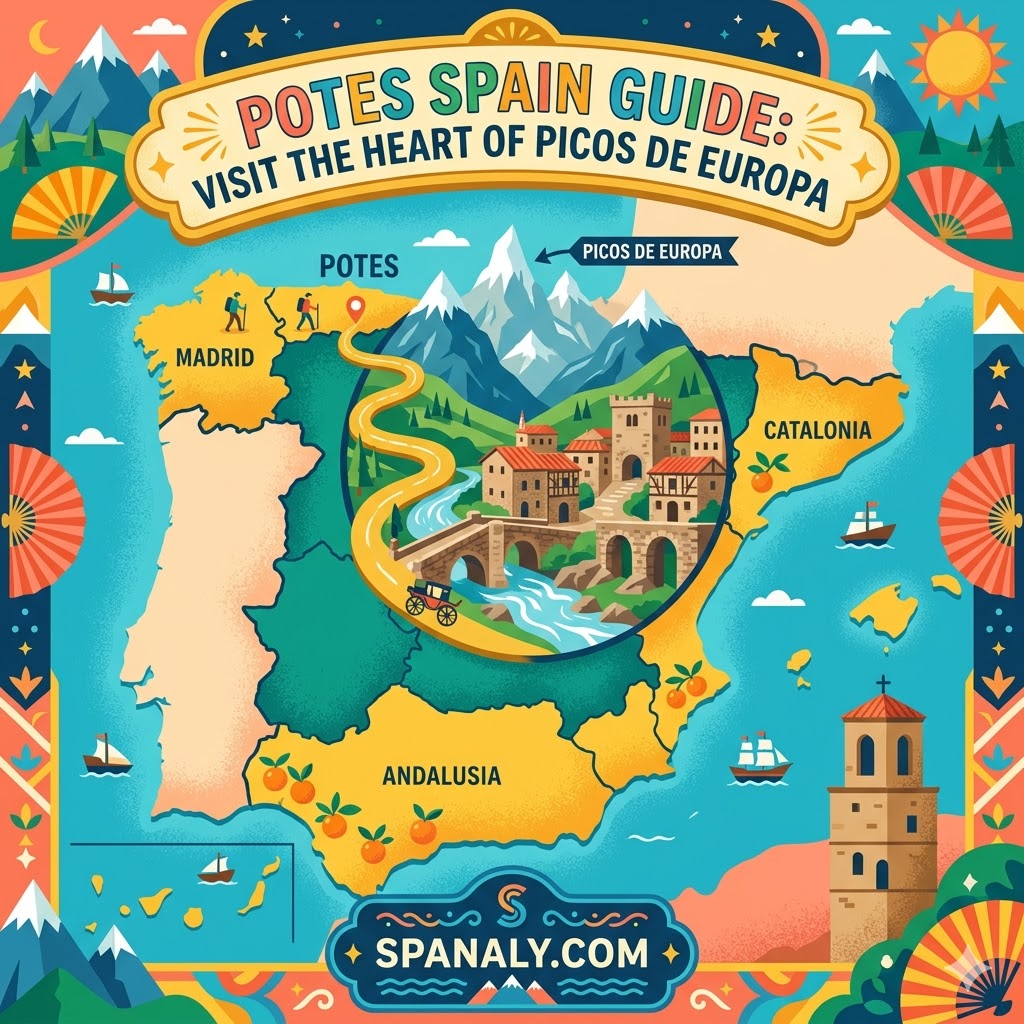 Epic infographic map of Spain highlighting the town of Potes in the Picos de Europa mountains, featuring medieval stone bridges, mountainous landscapes, and Cantabrian cultural symbols in a vibrant flat vector style by Spanaly.com