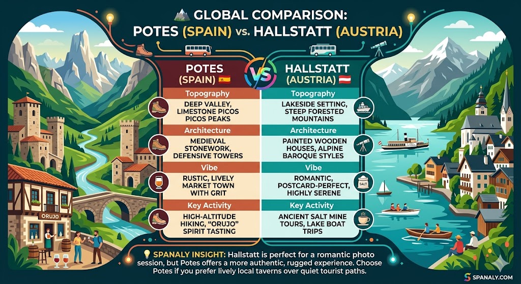 Comparison infographic between Potes, Spain and Hallstatt, Austria, highlighting differences in topography, architecture, vibe, and key activities like hiking and salt mine tours by Spanaly.com