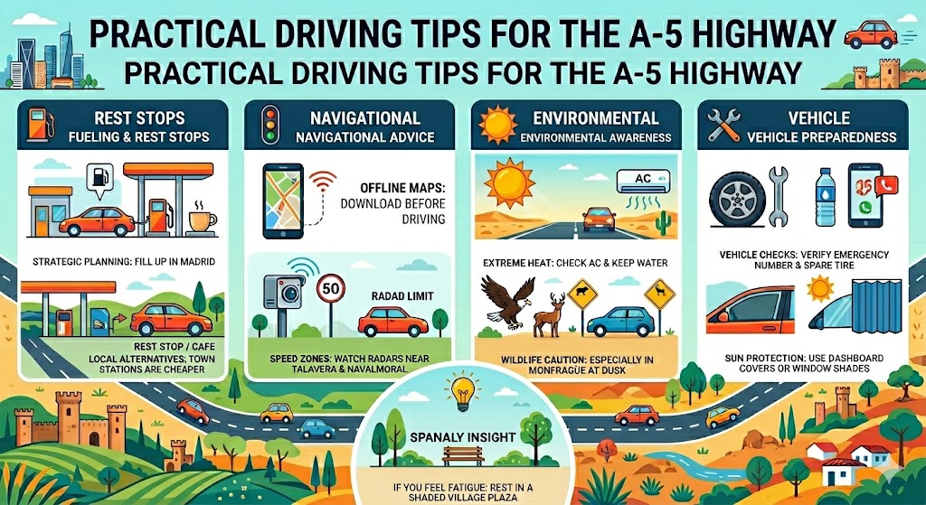 An infographic illustrating practical driving tips for the A-5 highway, with sections on rest stops, navigation, environmental awareness, and vehicle preparedness.