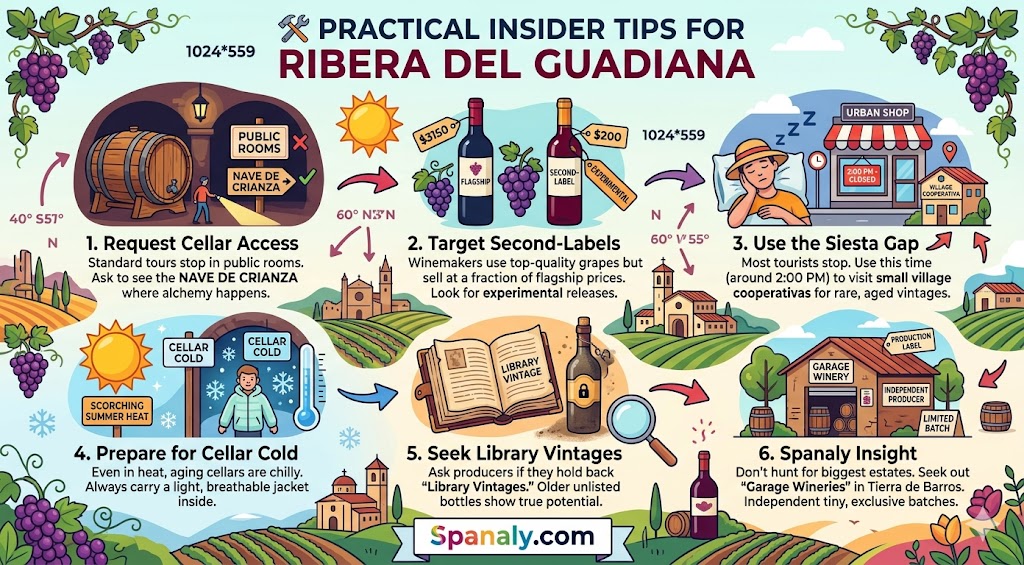 Infographic featuring practical insider tips for Ribera del Guadiana wine tours, including cellar access, second-label wines, siesta timing, and garage winery exploration.