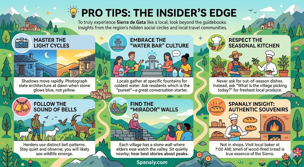 Infographic providing insider pro tips for visiting Sierra de Gata, Spain, featuring advice on photography light cycles, local water fountain culture, seasonal dining, and authentic experiences.