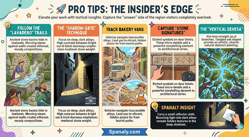 Infographic guide featuring pro photography tips for Extremadura, including techniques like the shadow-gate method, tracking bakery vans, and capturing stone signatures.