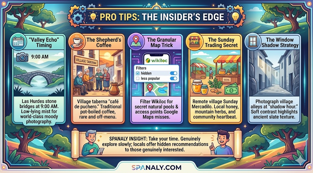 An infographic featuring expert pro tips for exploring Extremadura's backcountry, including photography timing, local coffee culture, map navigation tricks, and village market strategies.