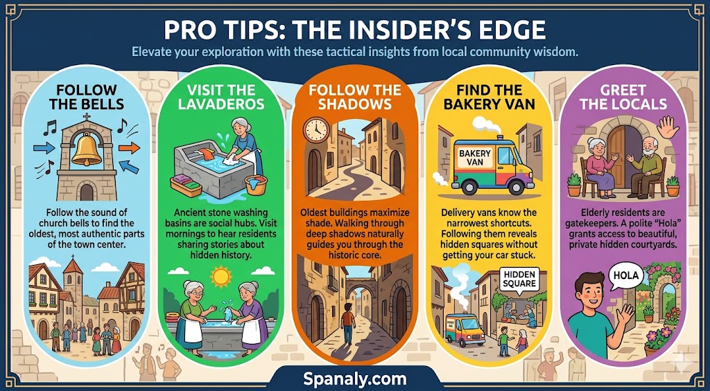 Infographic sharing insider tips for exploring medieval villages in Extremadura, including following church bells, visiting lavaderos, and greeting locals for an authentic experience.
