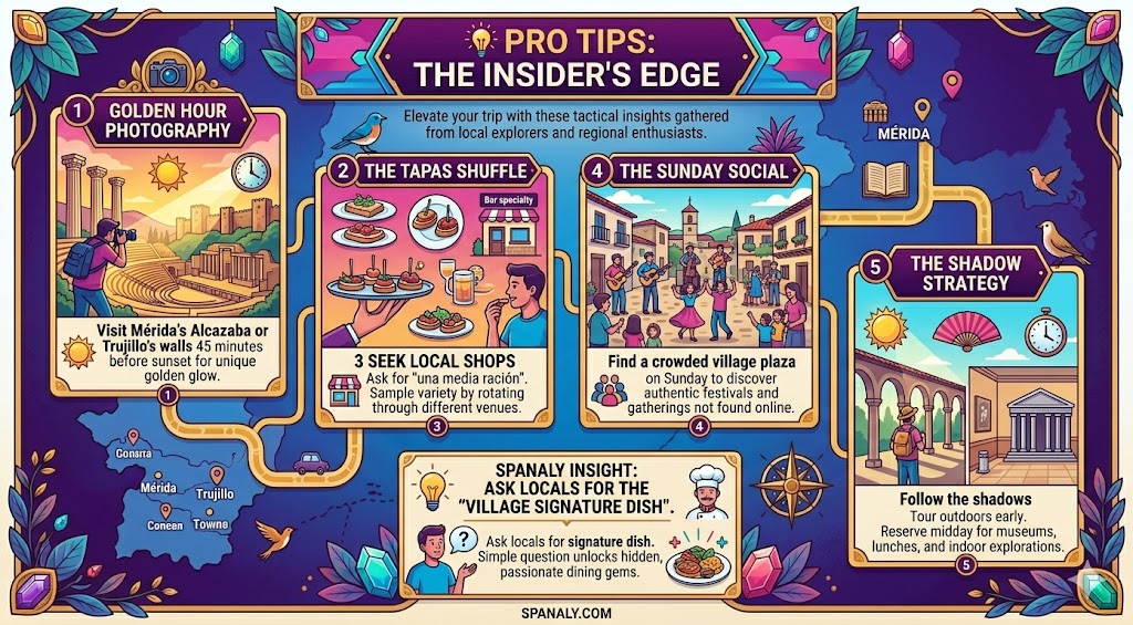 An infographic providing essential pro tips and travel hacks for exploring Extremadura, Spain, including photography spots, local tapas dining, village shopping, and tactical daily scheduling.