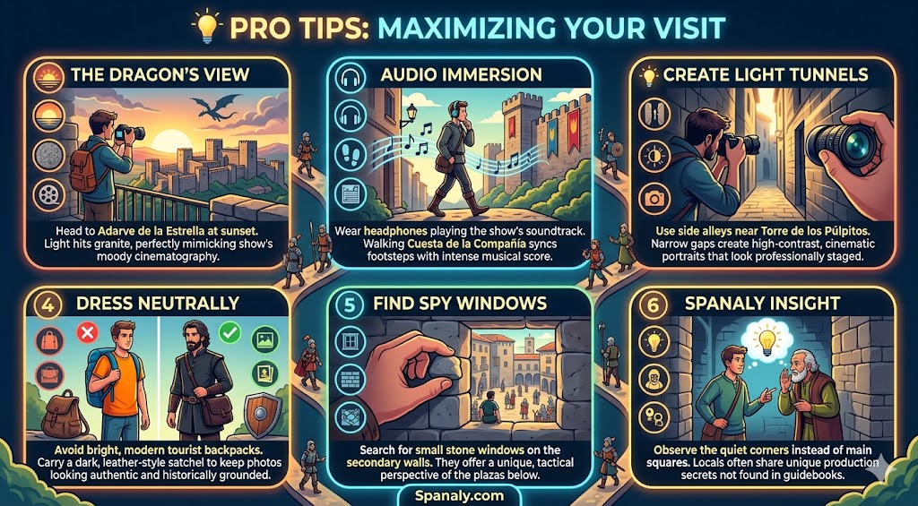 A colorful infographic featuring professional tips for maximizing a visit to House of the Dragon filming locations in Cáceres, Spain, including photography advice, audio immersion, and scouting techniques.