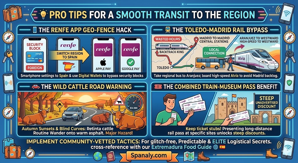 Pro tips travel infographic for Extremadura showing Renfe app settings rail bypass route and driving safety warnings